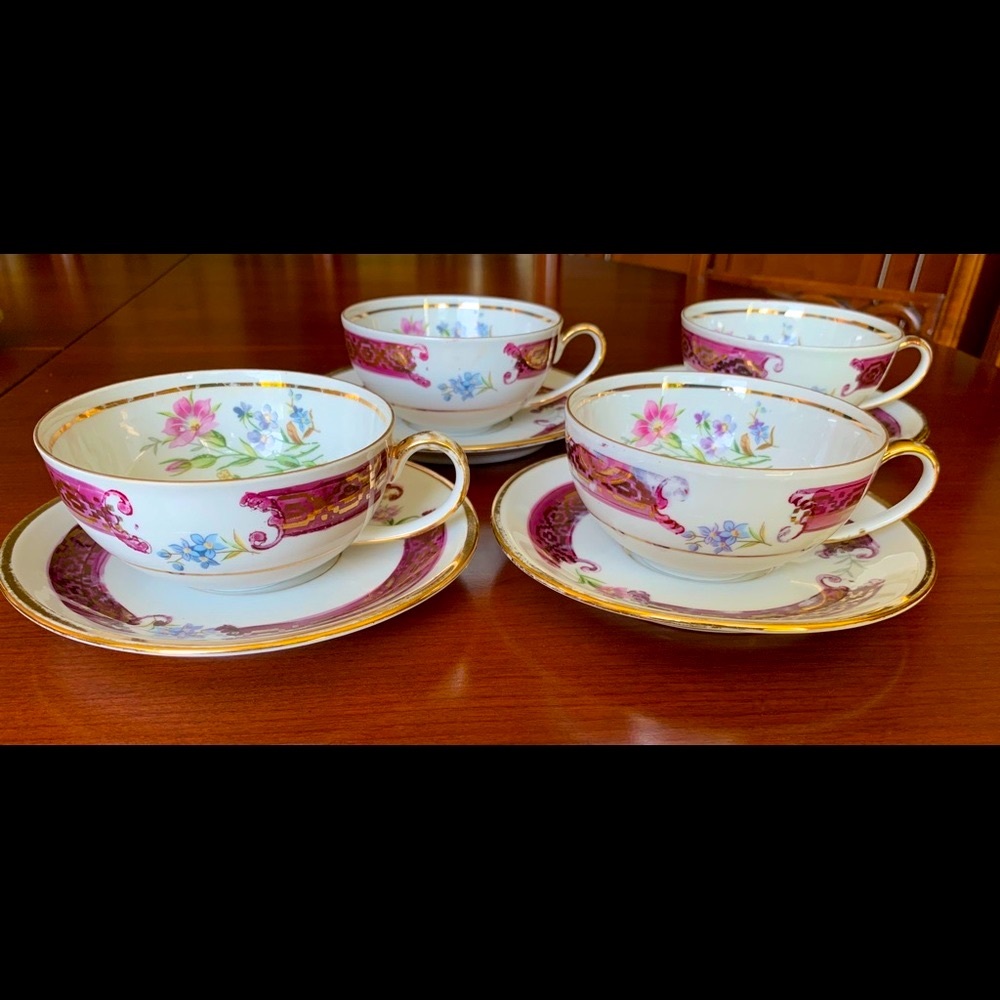 Vintage Fine Thin German Porcelain Tea Coffee  set handpainted 4 cups 4 saucers